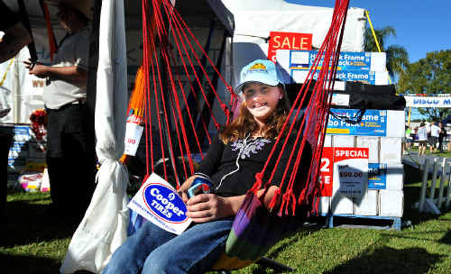 Shannon McFarlene from Maclean tests the hammocks. Shannon McFarlene from Maclean tests the hammocks.
